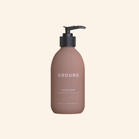 Picture of Ground brown hand soap bottle with pump lid on a beige background. Described as lavender and cedarwood hand soap n 300ml size.