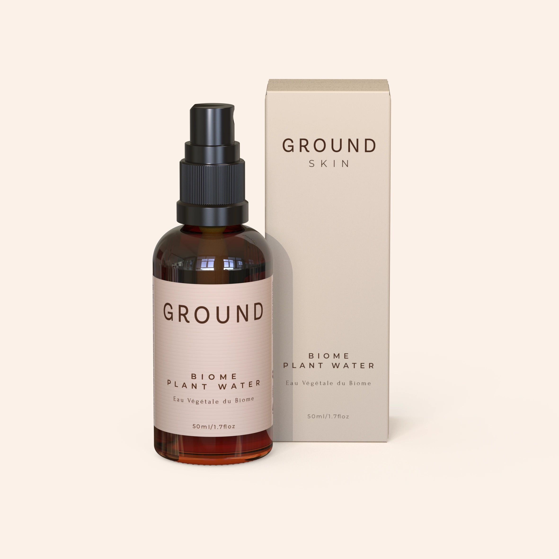 A product image featuring a spray bottle labeled 'GROUND BIOME PLANT WATER' alongside its packaging box, both with a beige color scheme. Sitting in front of a white background.