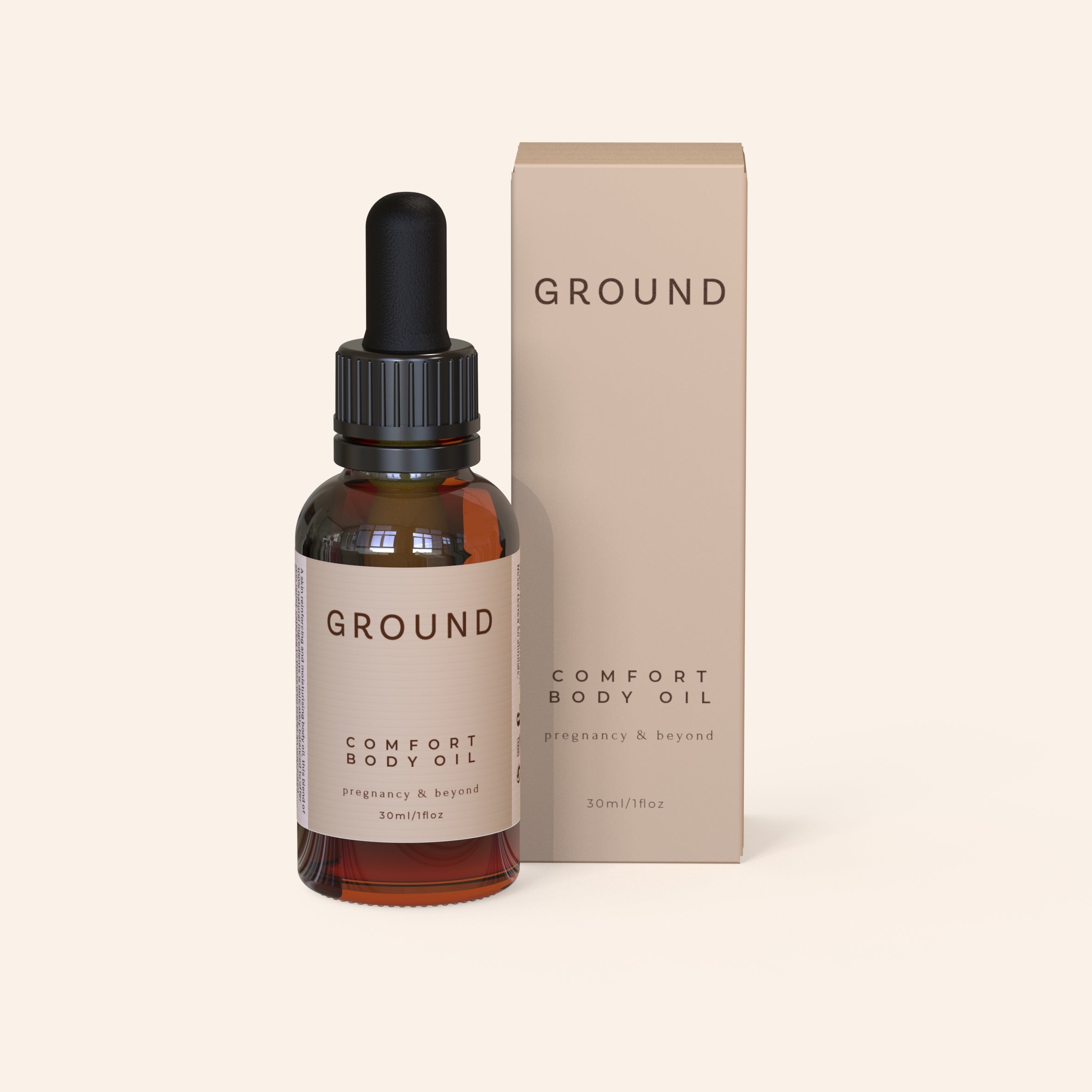 Image of a glass dropper bottle of Ground Comfort Body Oil for pregnancy and beyond.