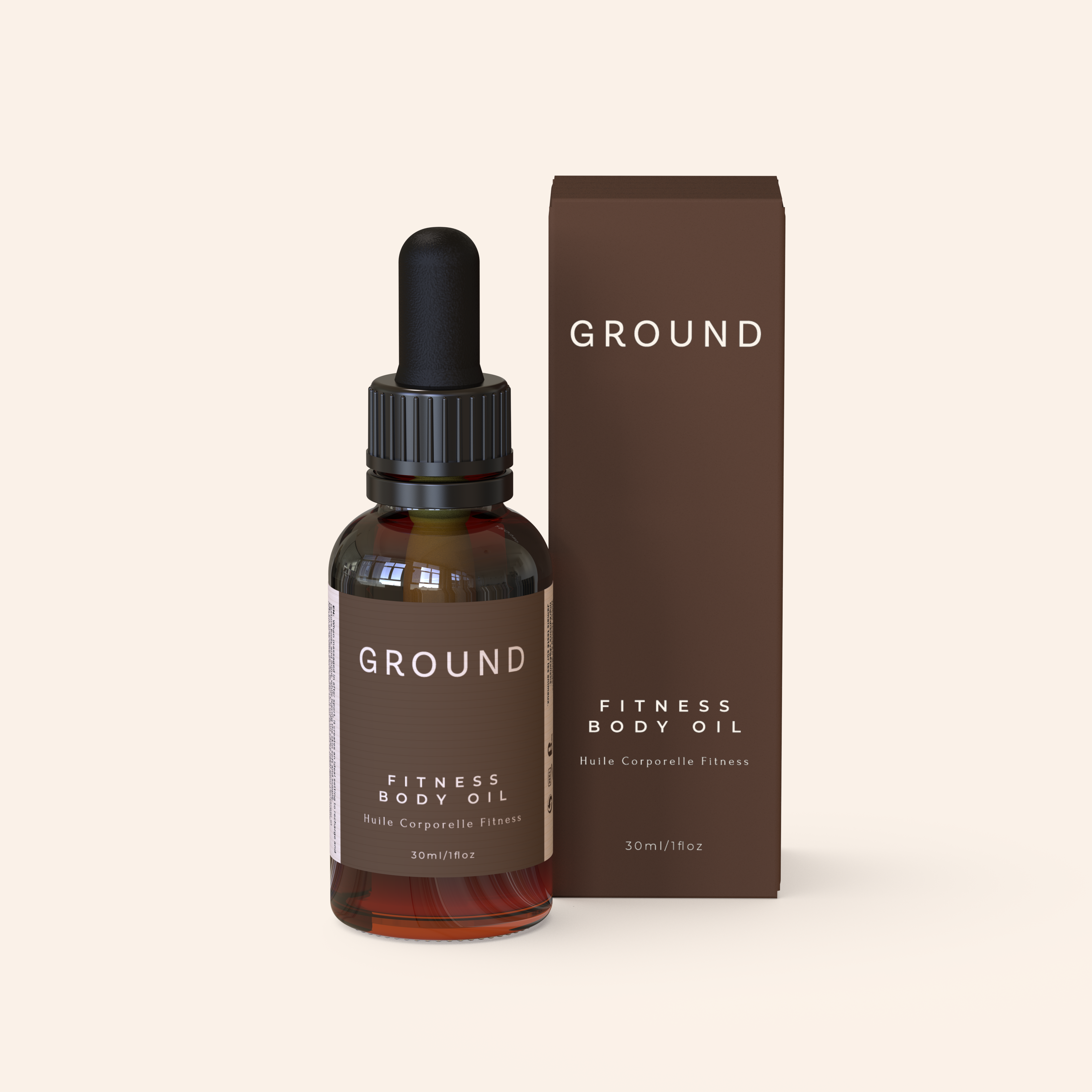 Image of a bottle and box of Ground Fitness Body Oil on a light beige background. The box, bottle and labels are dark brown with cream writing. The brand and description say, "GROUND Fitness Body Oil, Huile Corporelle Fitness" - 30ml or 1 fl oz.
