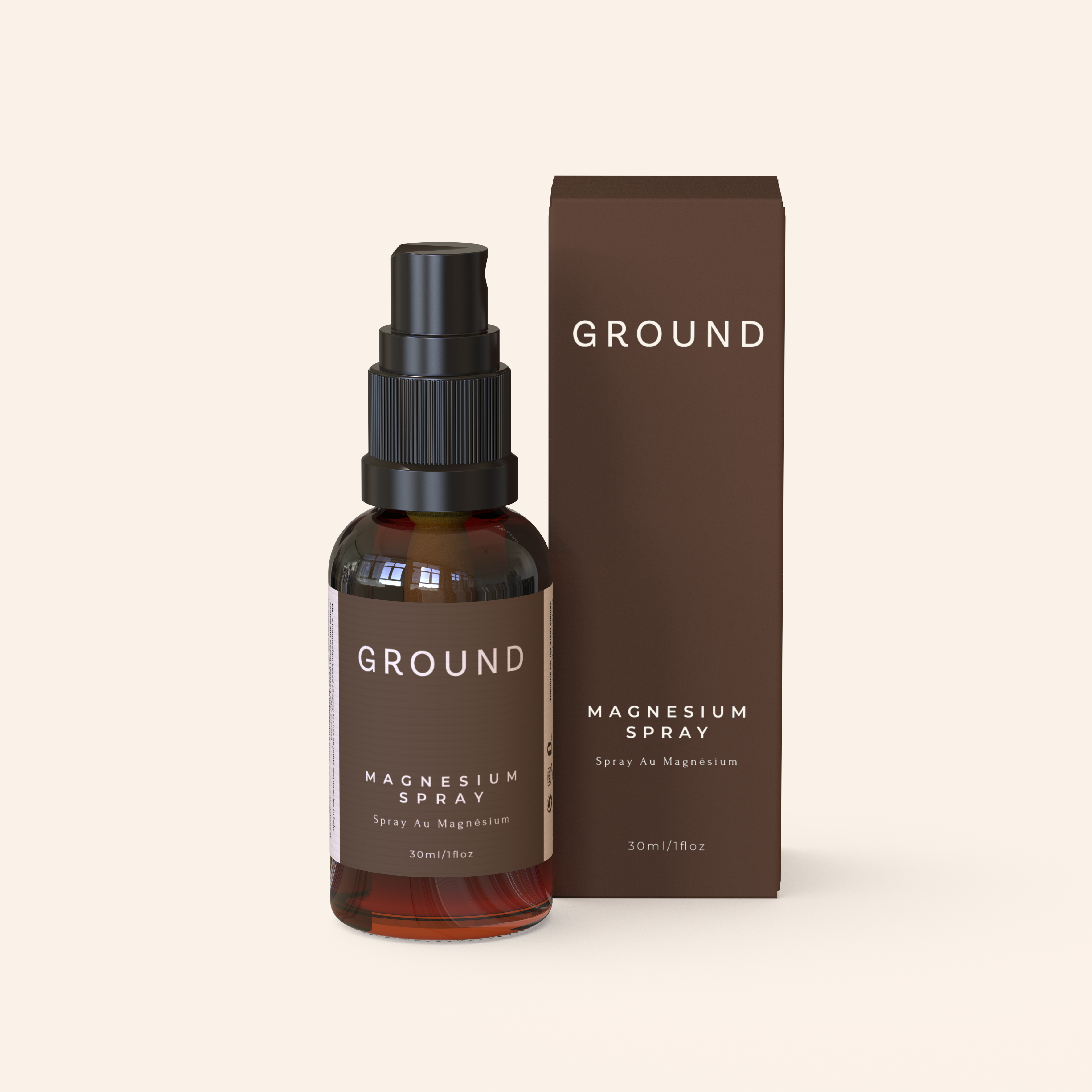 Bottle and box of Ground magnesium spray on a beige background. 30ml size.