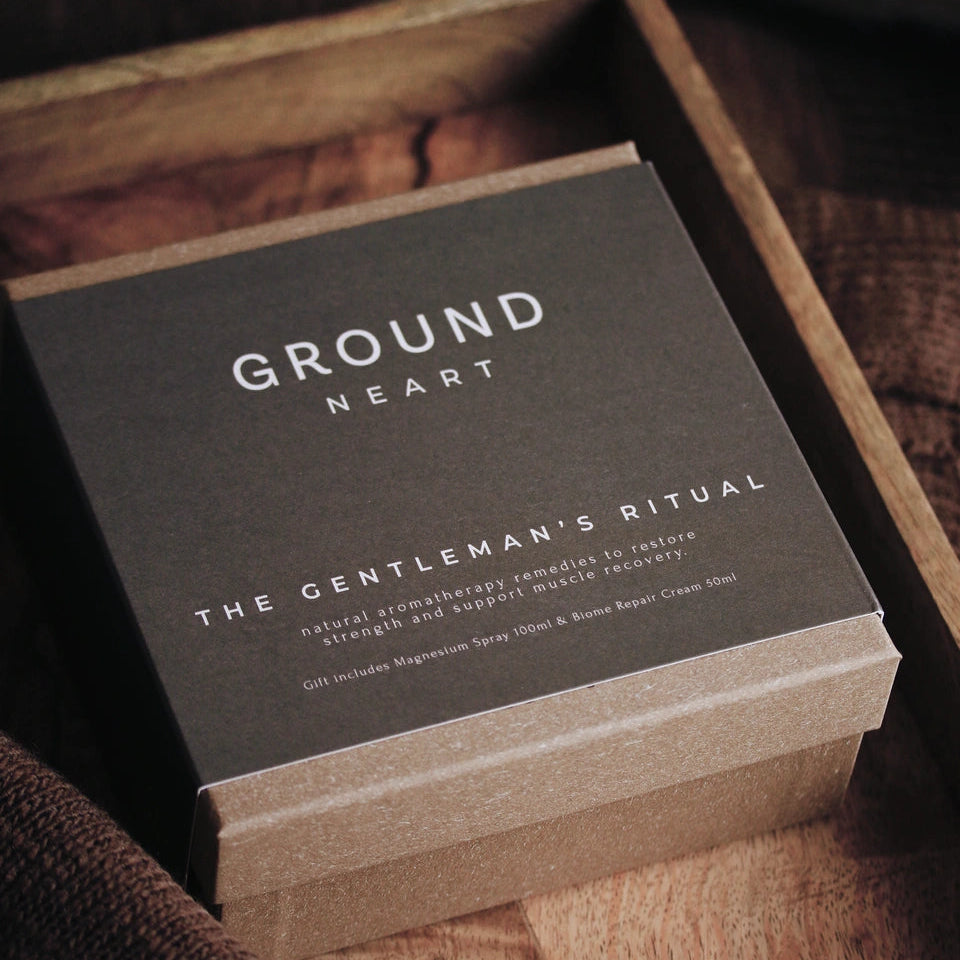 A photo of Ground Wellbeing's Neart The Gentleman's Ritual gift box on a wooden surface.