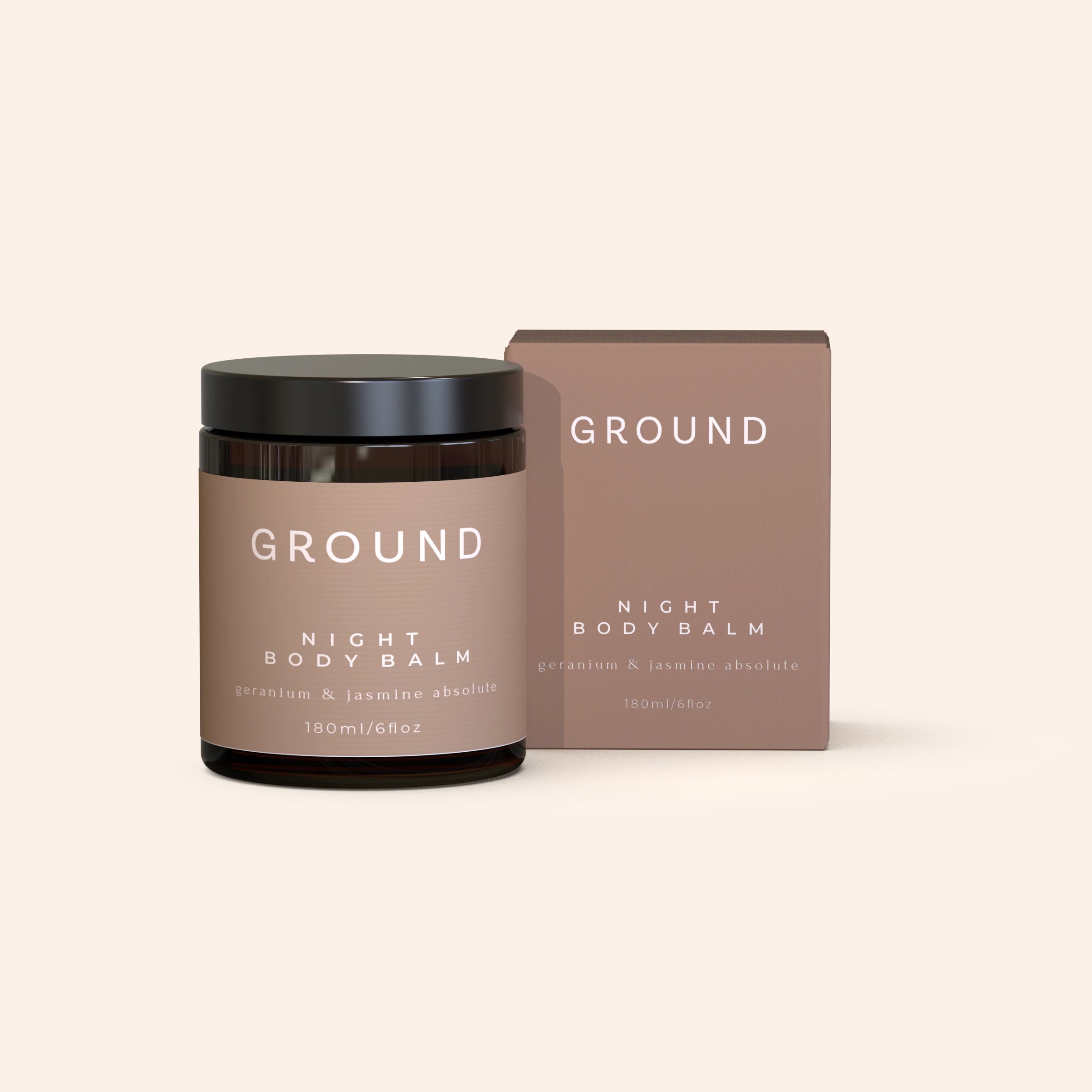 Image of a pot of Ground Night Body Balm and its cardboard packaging. The packaging is a neutral brown shade. The balm contains geranium and jasmine absolute.