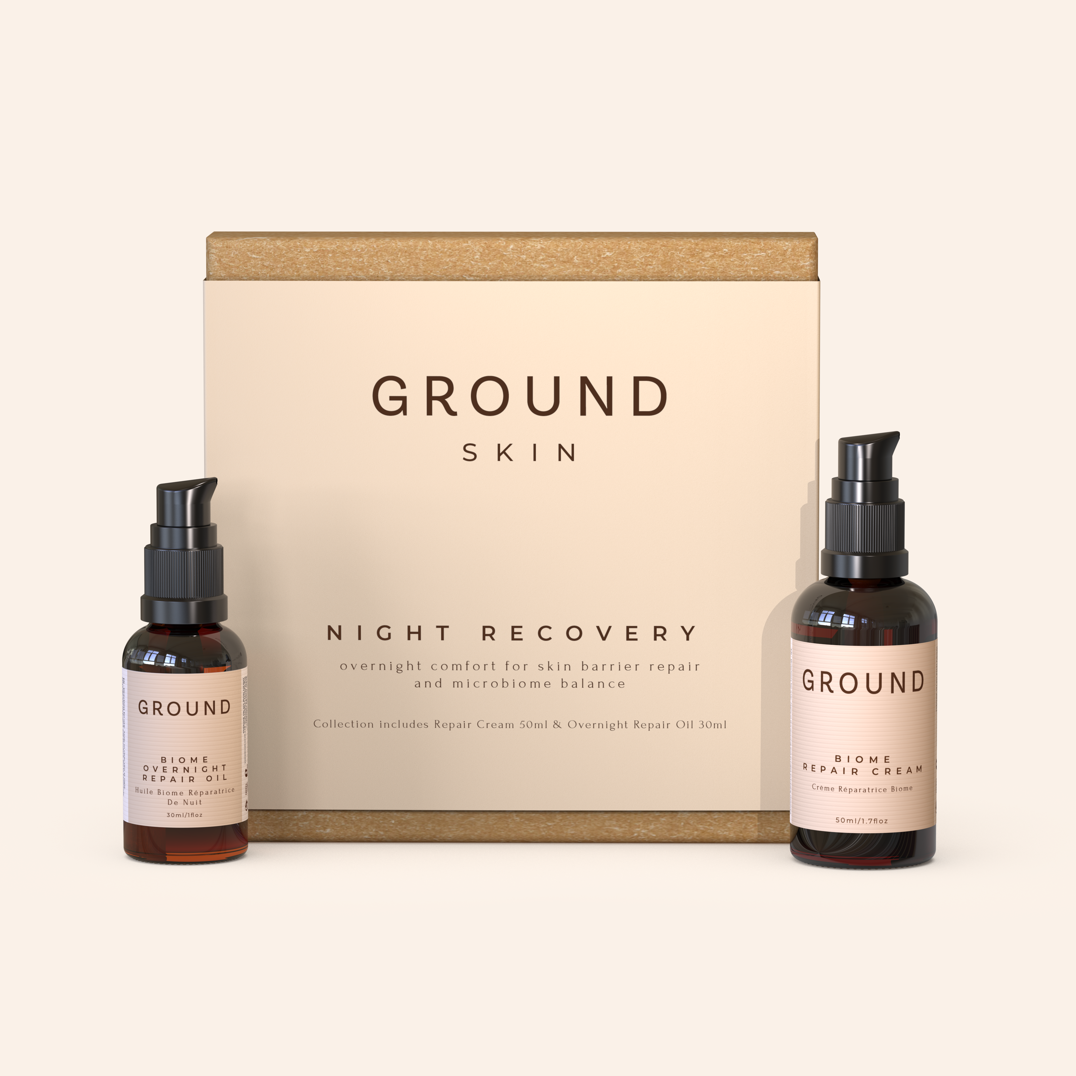 The image shows a Ground Skin night recovery gift set with two bottles and a box on a white background. Each product is a brown glass bottle with a pump top dispenser. The sleeve on the gift box states that this product gives overnight comfort for skin barrier repair and microbiome balance.