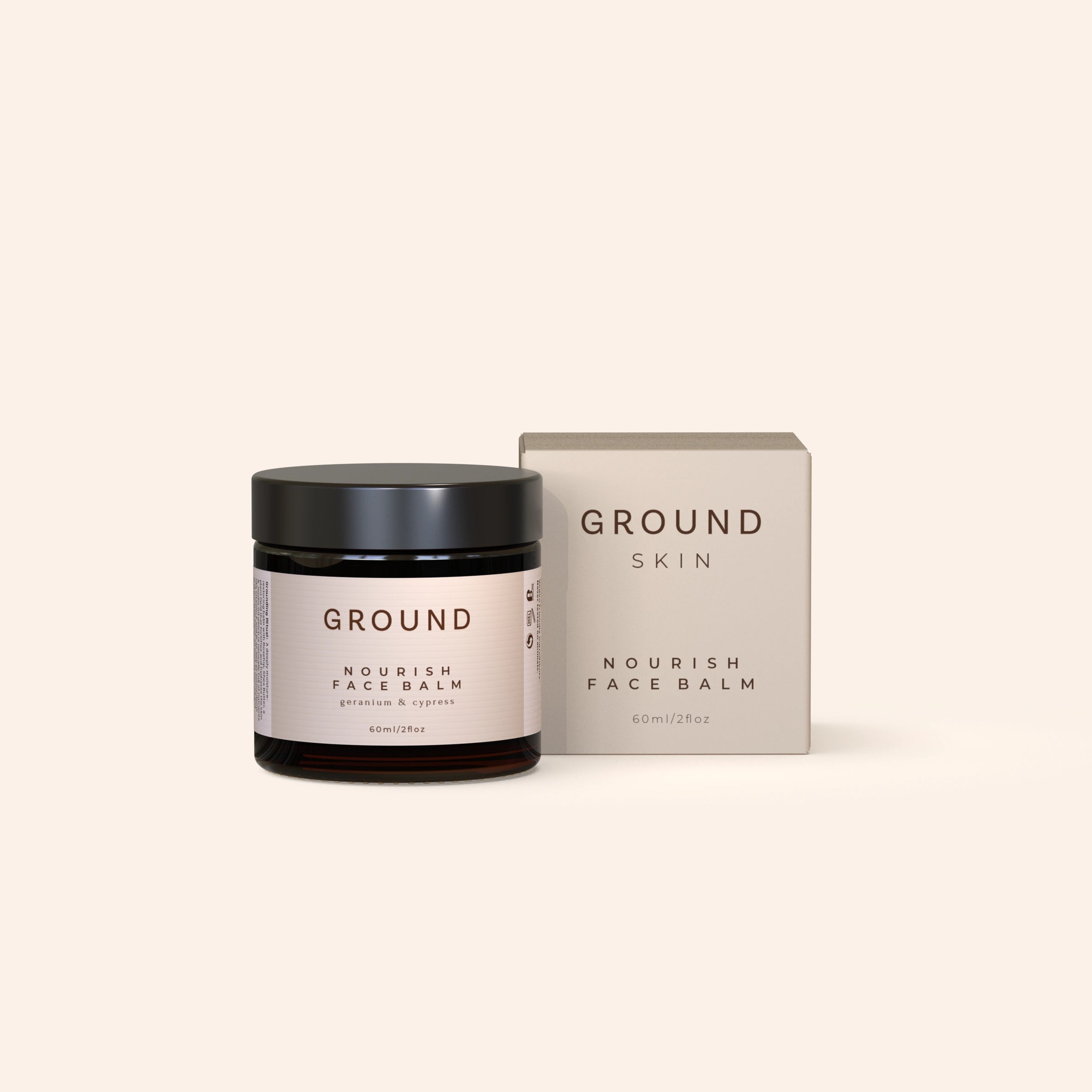 A jar of Nourish Face Balm by GROUND SKIN next to its packaging box, both featuring a simple and clean design. This face balm contains geranium and cypress.