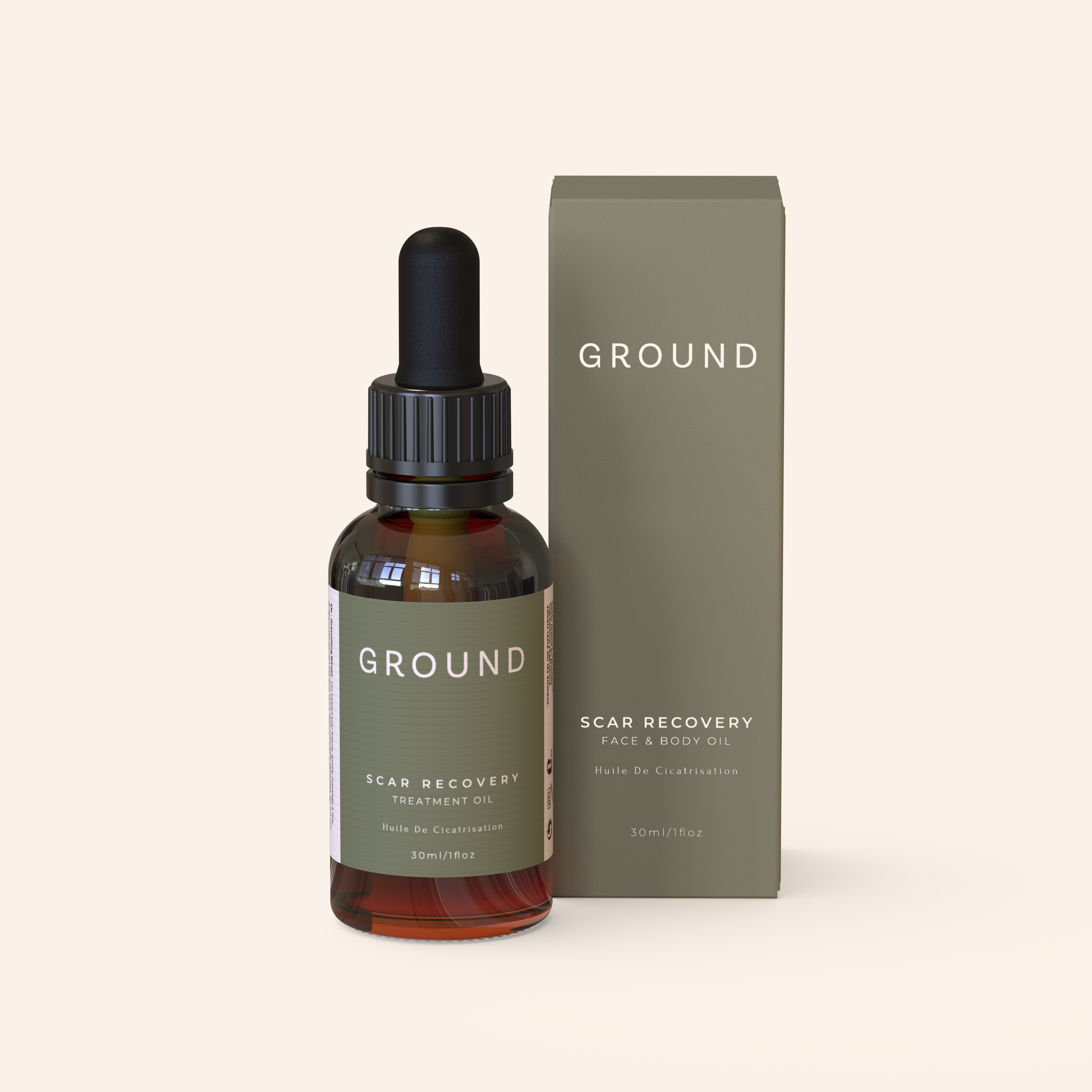 Image showing a brown glass bottle, with a black dropper dispenser sitting beside a cardboard packaging box of GROUND scar recovery treatment oil on a white background. The label on the bottle and the package are a deep sage green in colour with white branding and description. It states 'GROUND' scar recovery treatment oil for face and body.