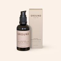 A pump bottle of BIOME Repair Cream by GROUND SKIN next to its packaging box that is cream in colour with brown writing. It is a 50ml bottle.