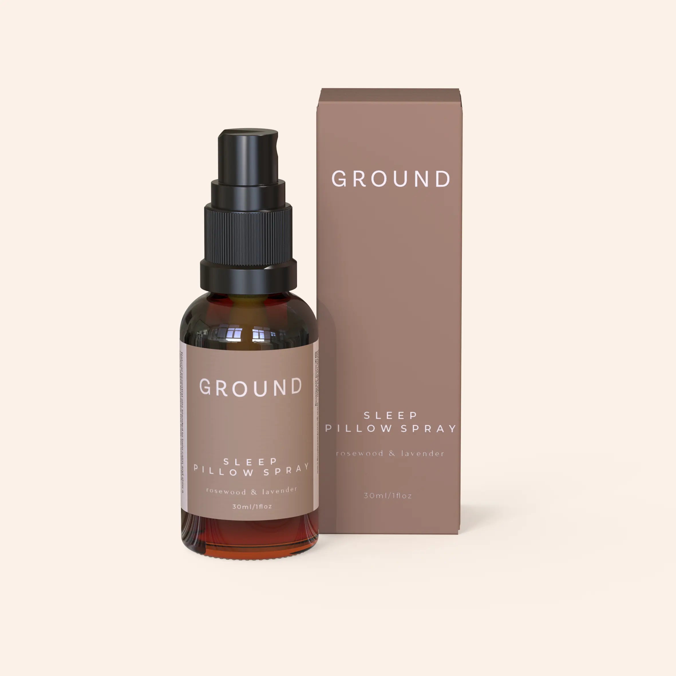 A bottle of 'Sleep Pillow Spray' by Ground Wellbeing, next to its packaging box, with the brand's logo and sleep pillow spray containing rosewood and lavender.