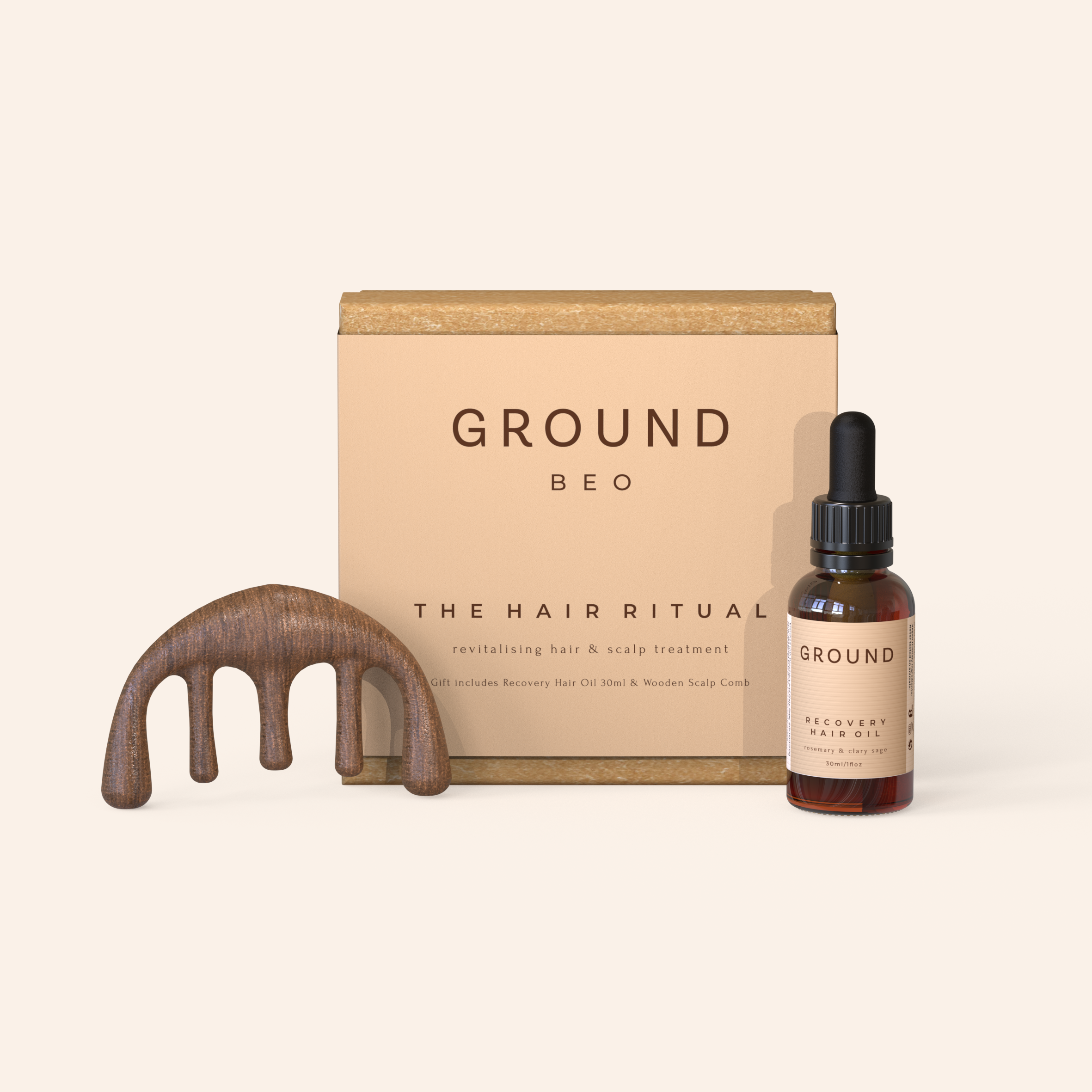 Image shows a square cardboard gift box with a beige sleve stating 'GROUND' Beo with The Hair Ritual written on the sleeve.
In front of the gift box there is a wide tooth wooden comb and bottle labelled 'GROUND' on a beige background. The photograph demonstrates what is inside the giftset.