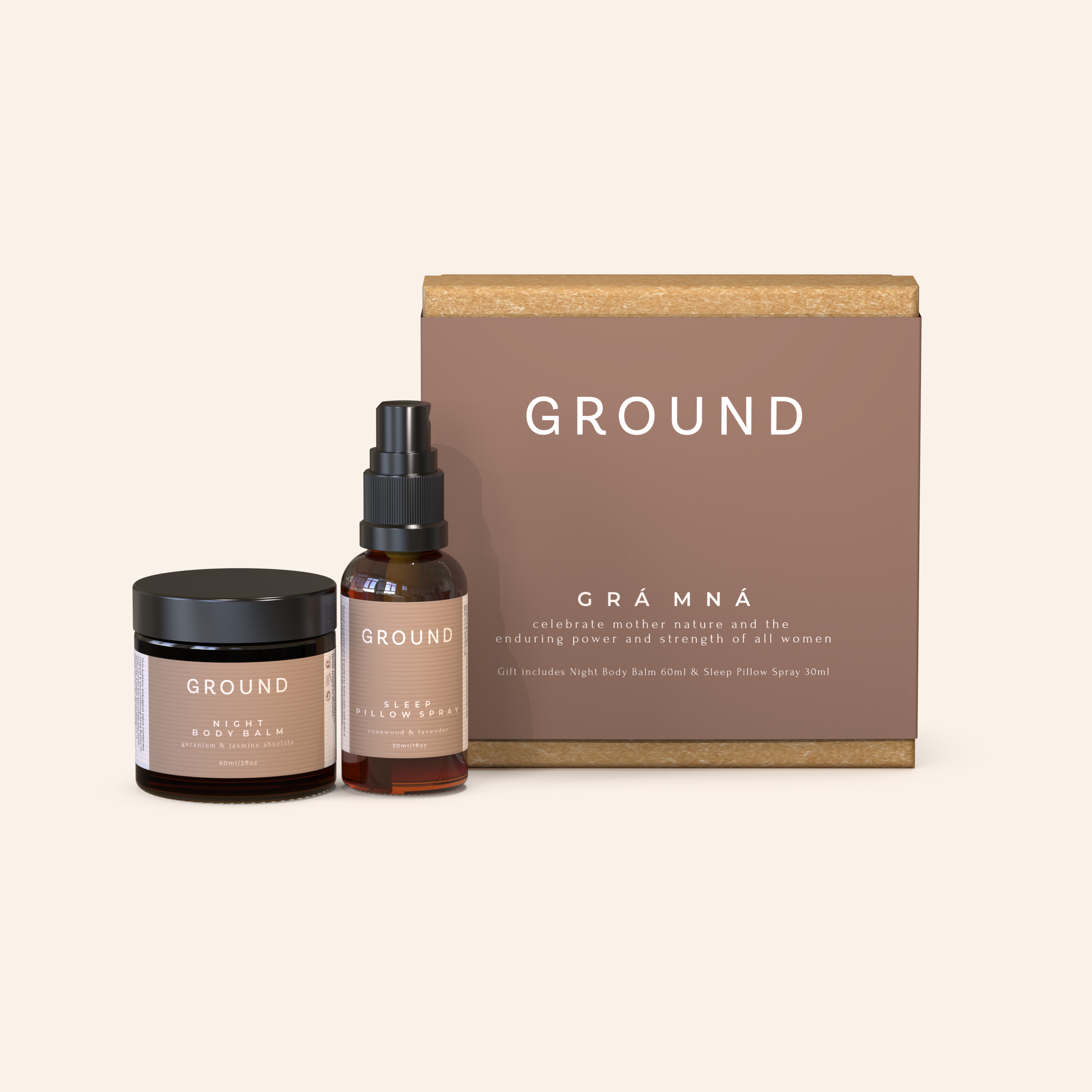 A medium-sized gift box with 'GROUND' branding next to a spray bottle of sleep pillow spray  and a jar of night body balm, against a white background.