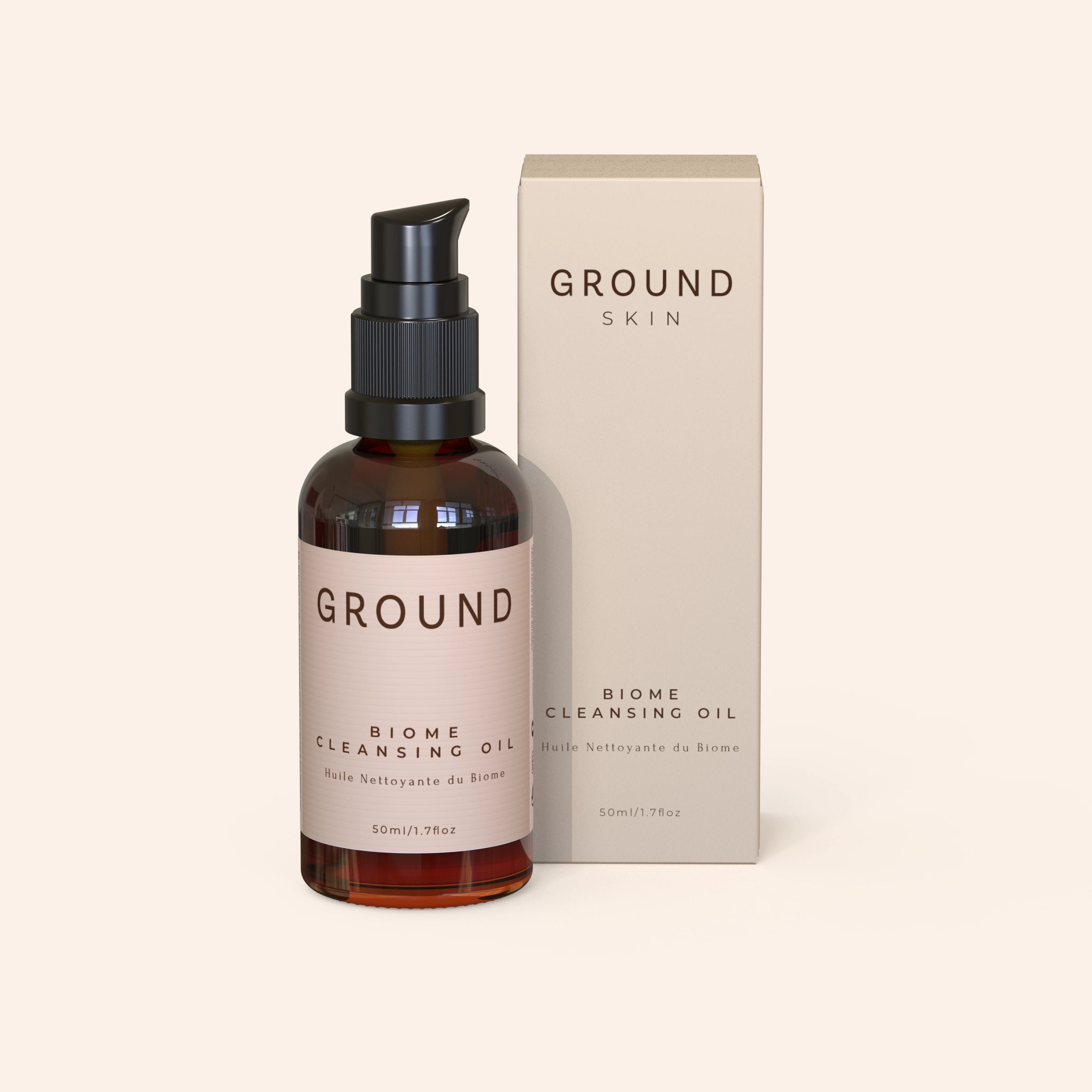 A bottle of BIOME Cleansing Oil with a pump dispenser, next to its packaging box, labelled with 'GROUND SKIN' and 'BIOME Cleansing Oil'.
