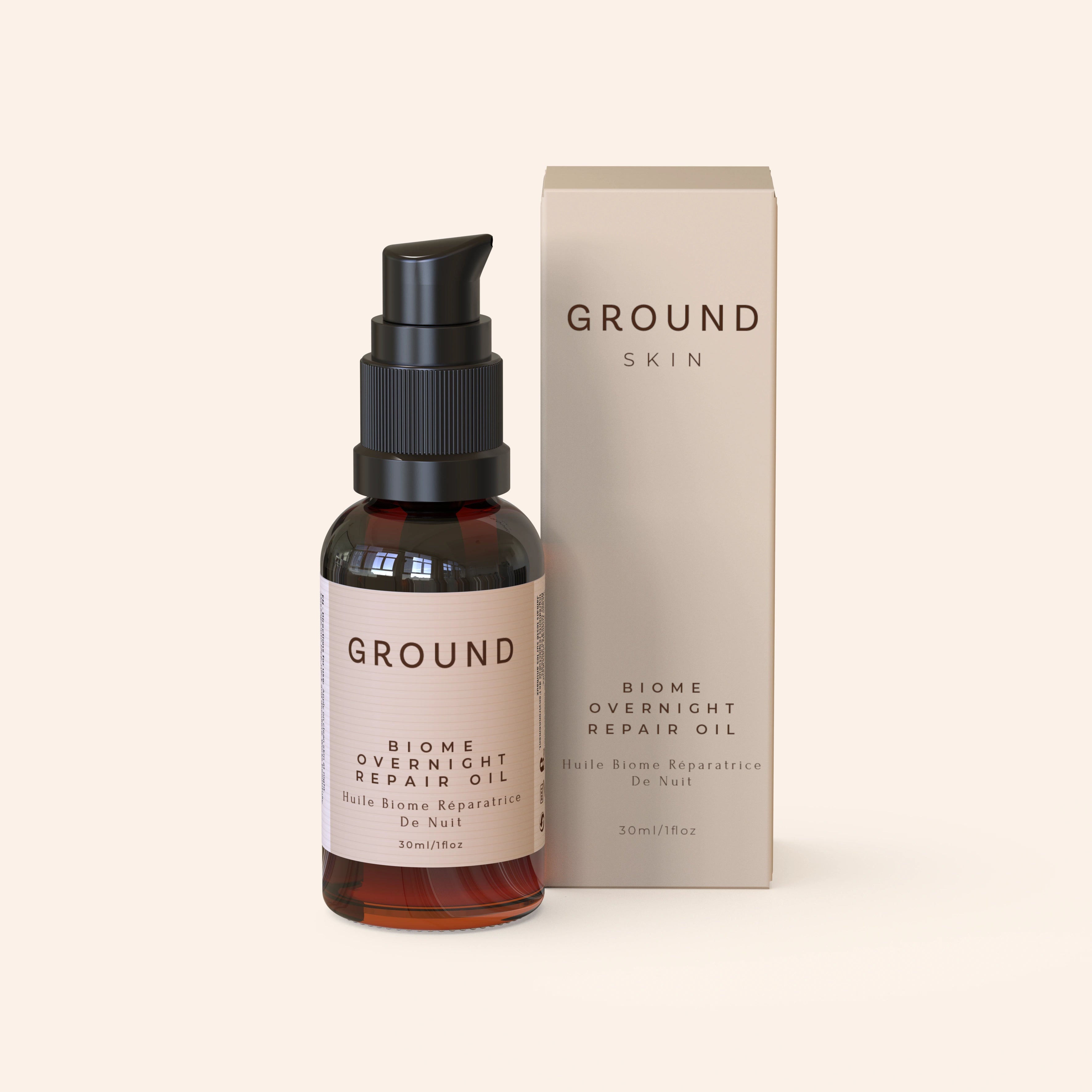 A bottle of BIOME Overnight Repair Oil by GROUND, with its pale beige packaging box, featuring a clean and minimalist design.