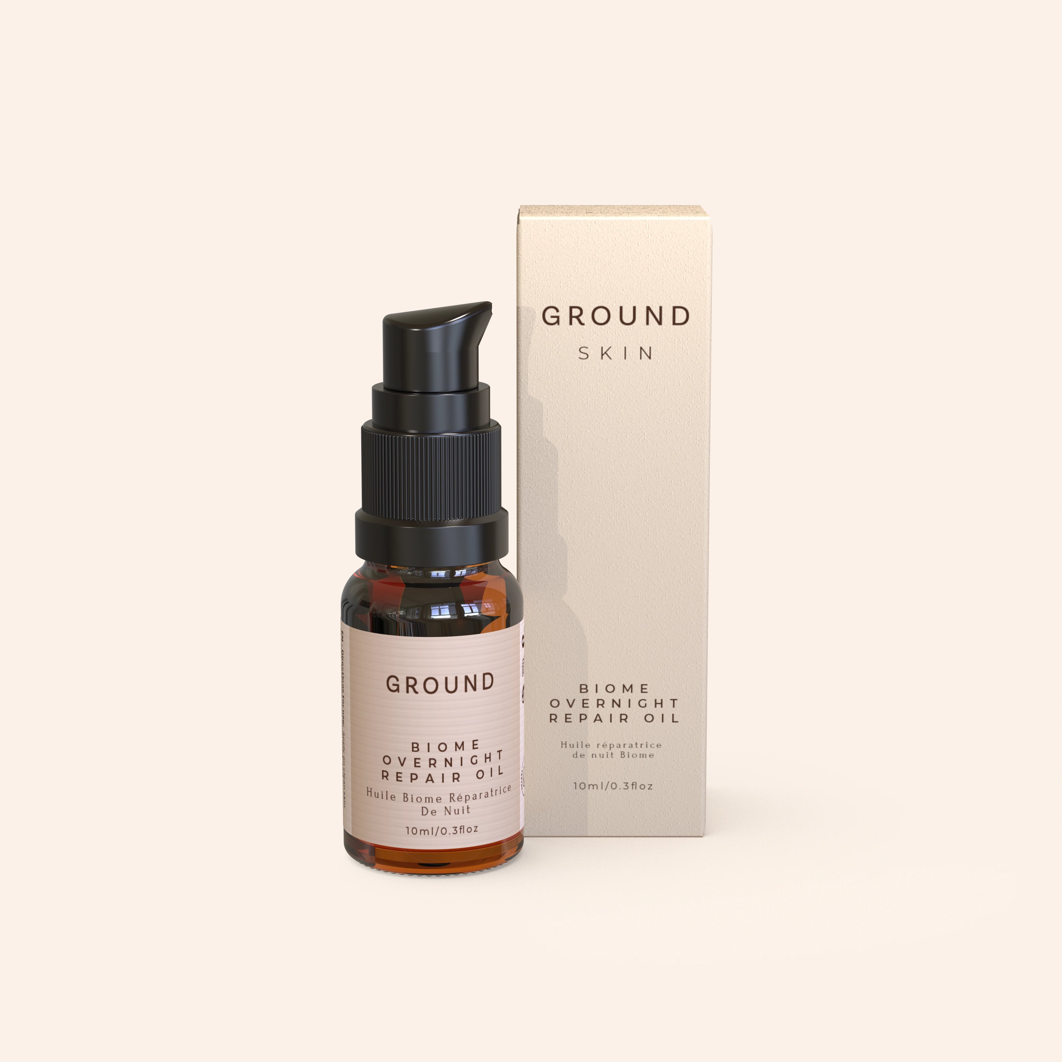 A bottle of BIOME Overnight Repair Oil by GROUND, with its packaging box, featuring a clean and minimalist design. The photo shows a small brown glass bottle of 10mls of oil with a pump dispenser top.
