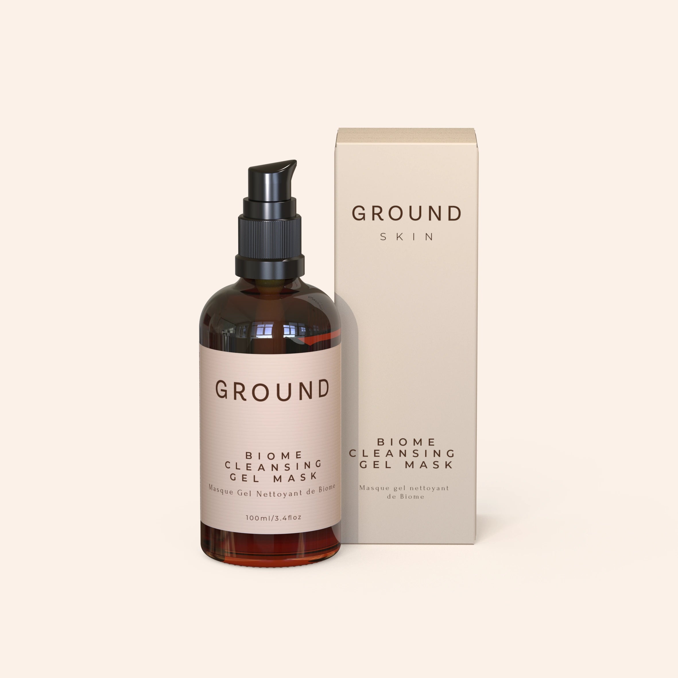 A bottle of BIOME Cleansing Gel Mask by GROUND SKIN positioned next to its packaging box. The label and packaging are both beige in colour with brown writing showing a 100ML bottle.