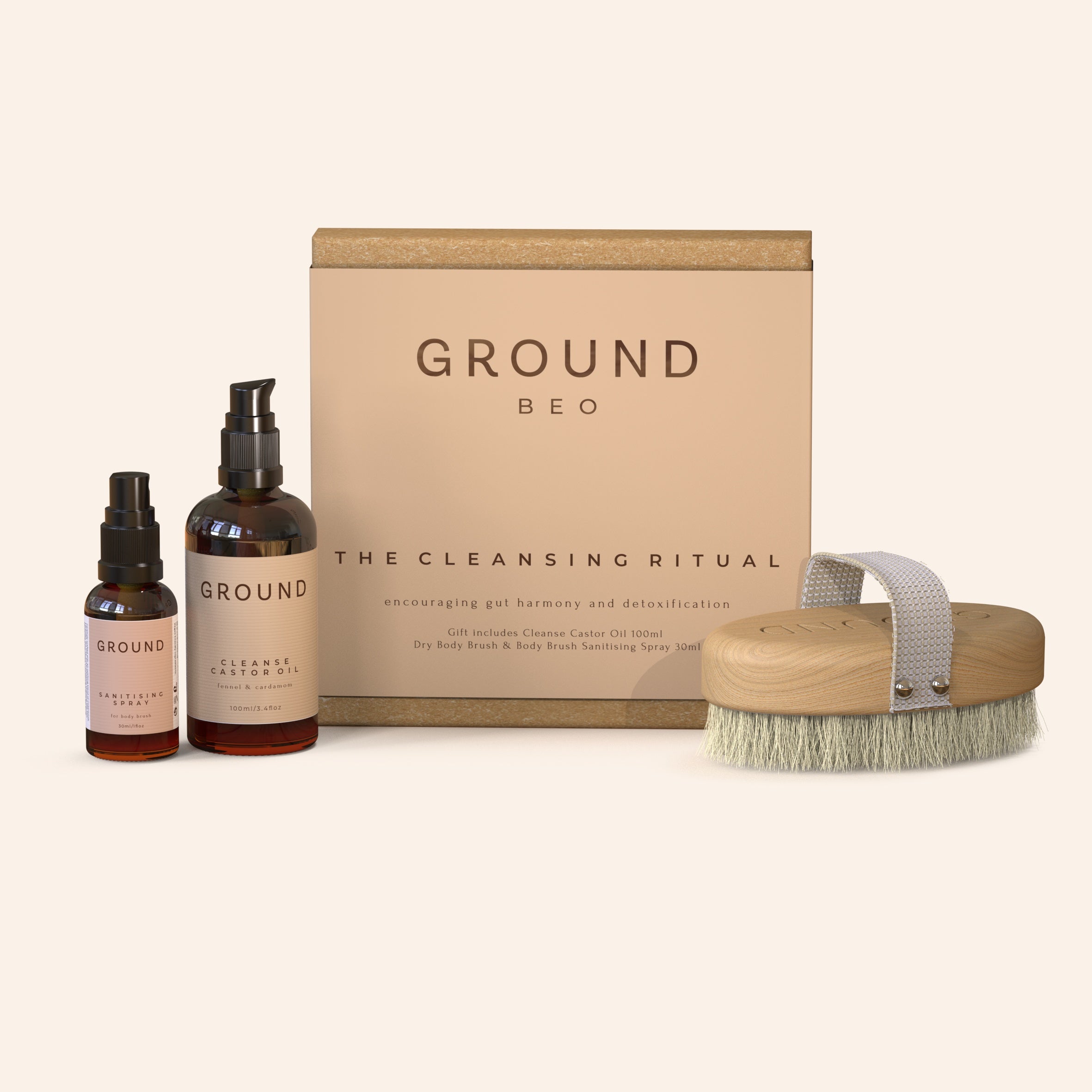 A gift box set including a bottle of sanitising brush spray, a bottle of cleanse castor oil, and a dry body brush with a wooden handle.