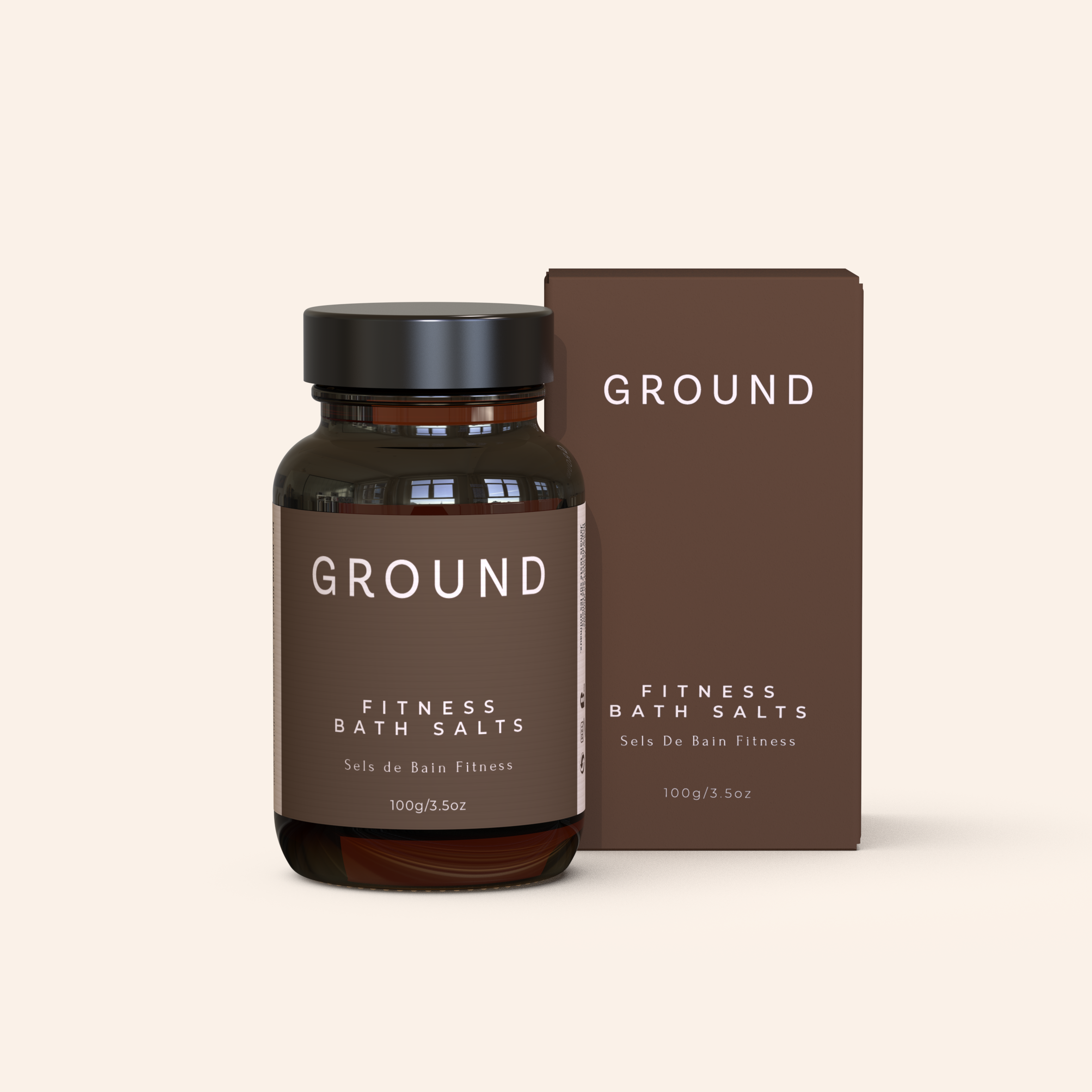 Bottle and packaging of 'GROUND' Fitness Bath Salts on a white background  100 gram size.