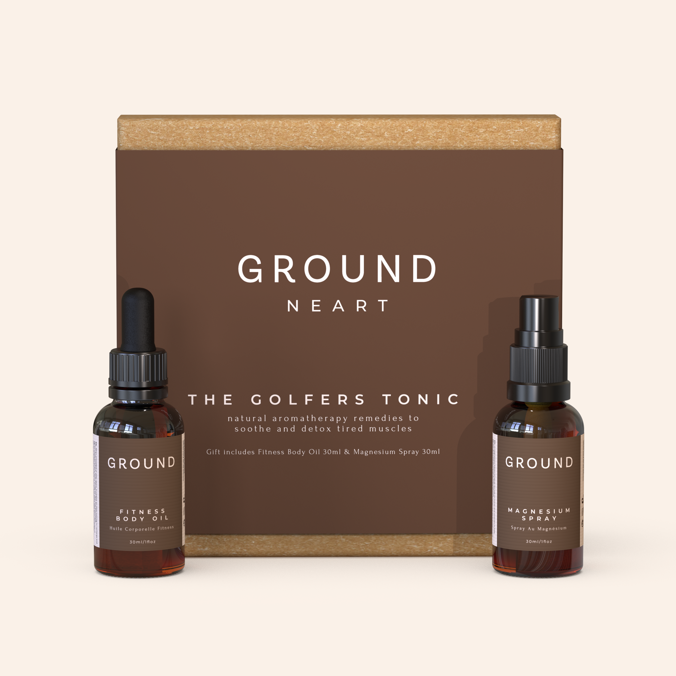 Two bottles from 'Ground' Neart collection. The image shows two brown glass bottles with brown labels and beige writing. One bottle is a body fitness oil and the second is magnesium spray. They are standing in front of a brown gift box labelled 'The Golfers Tonic' on a beige background.