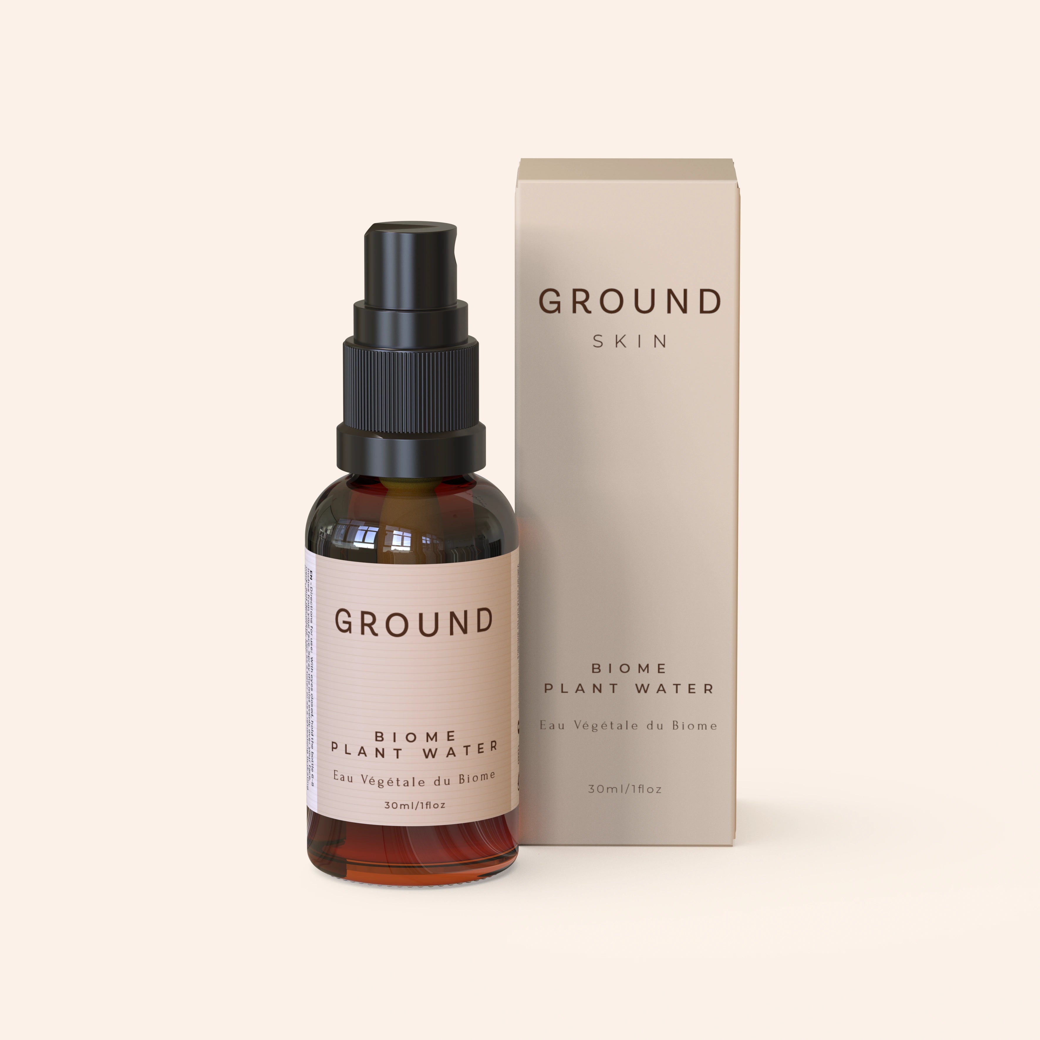 A product image featuring a spray bottle labelled 'GROUND BIOME PLANT WATER' alongside its packaging box, both with a beige colour scheme. Eau Vegetale du Biome.