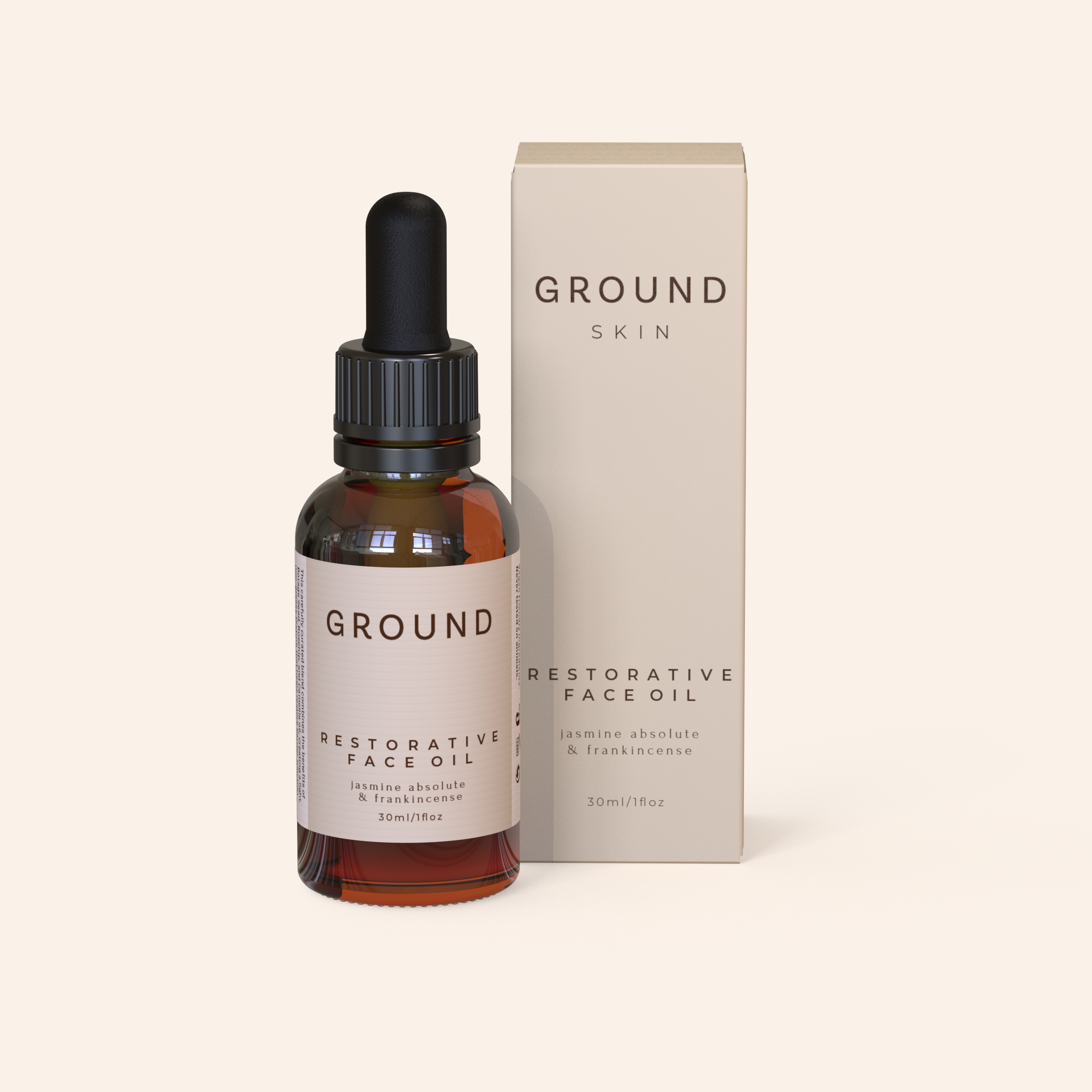 A bottle of Restorative Face Oil by Ground Skin next to its packaging box. The label and packaging are both beige with brown writing. This image shows a 30ml bottle with a dropper top.