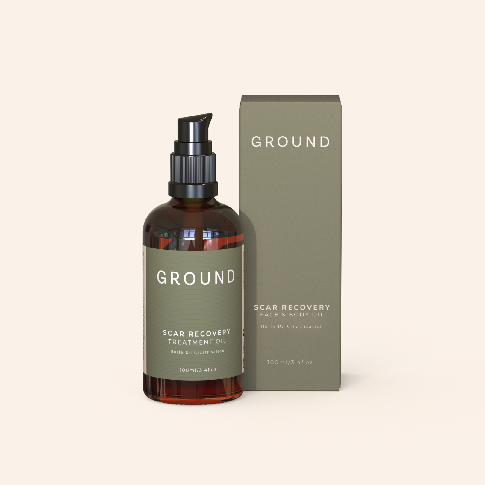 Image showing a brown glass bottle and box of GROUND scar recovery treatment oil on a white background. The label on the bottle and the package are a deep sage green in colour with white branding and description. It states 'GROUND' scar recovery treatment oil for face and body.