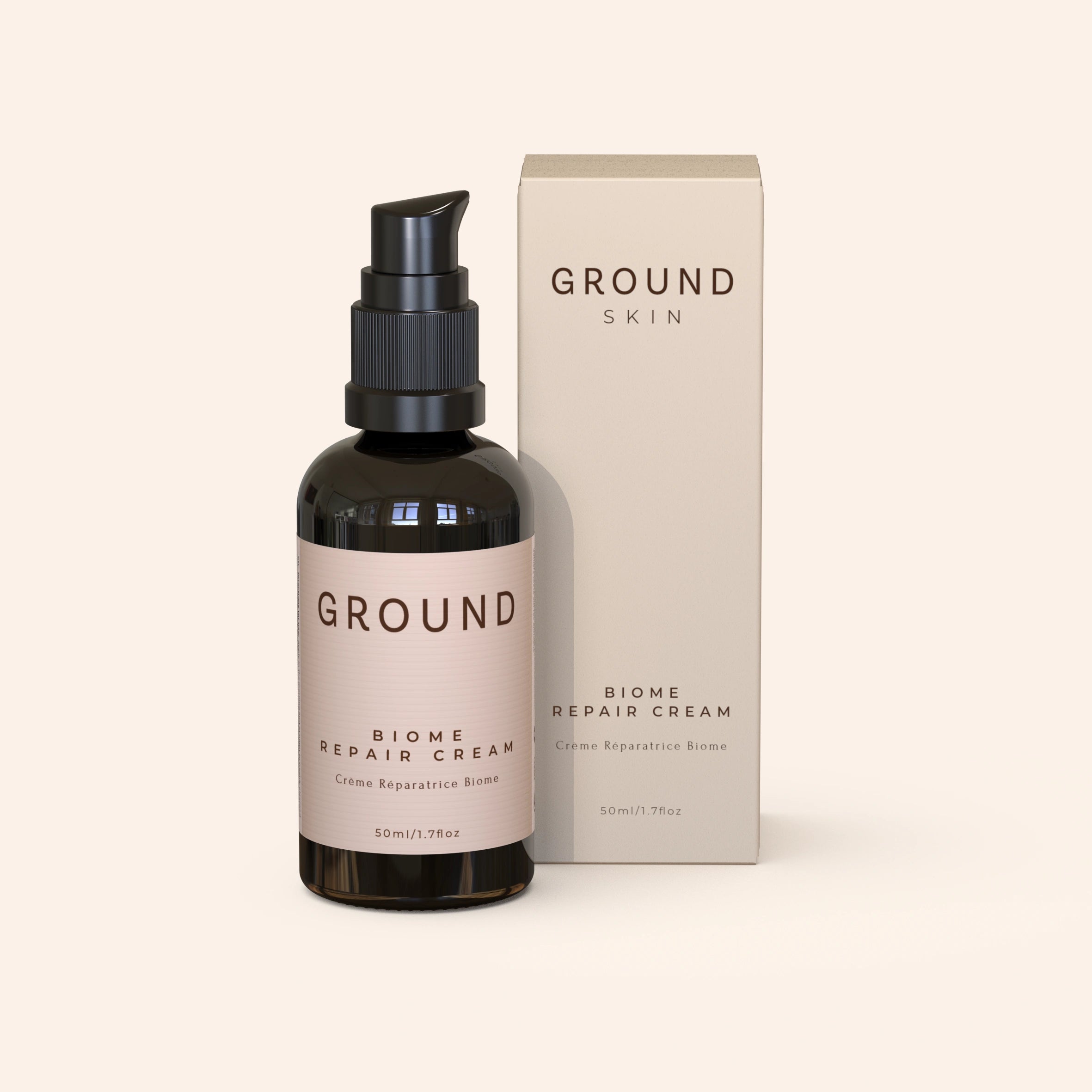 A pump bottle of BIOME Repair Cream by GROUND SKIN next to its packaging box that is cream in colour with brown writing. It is a 50ml bottle.