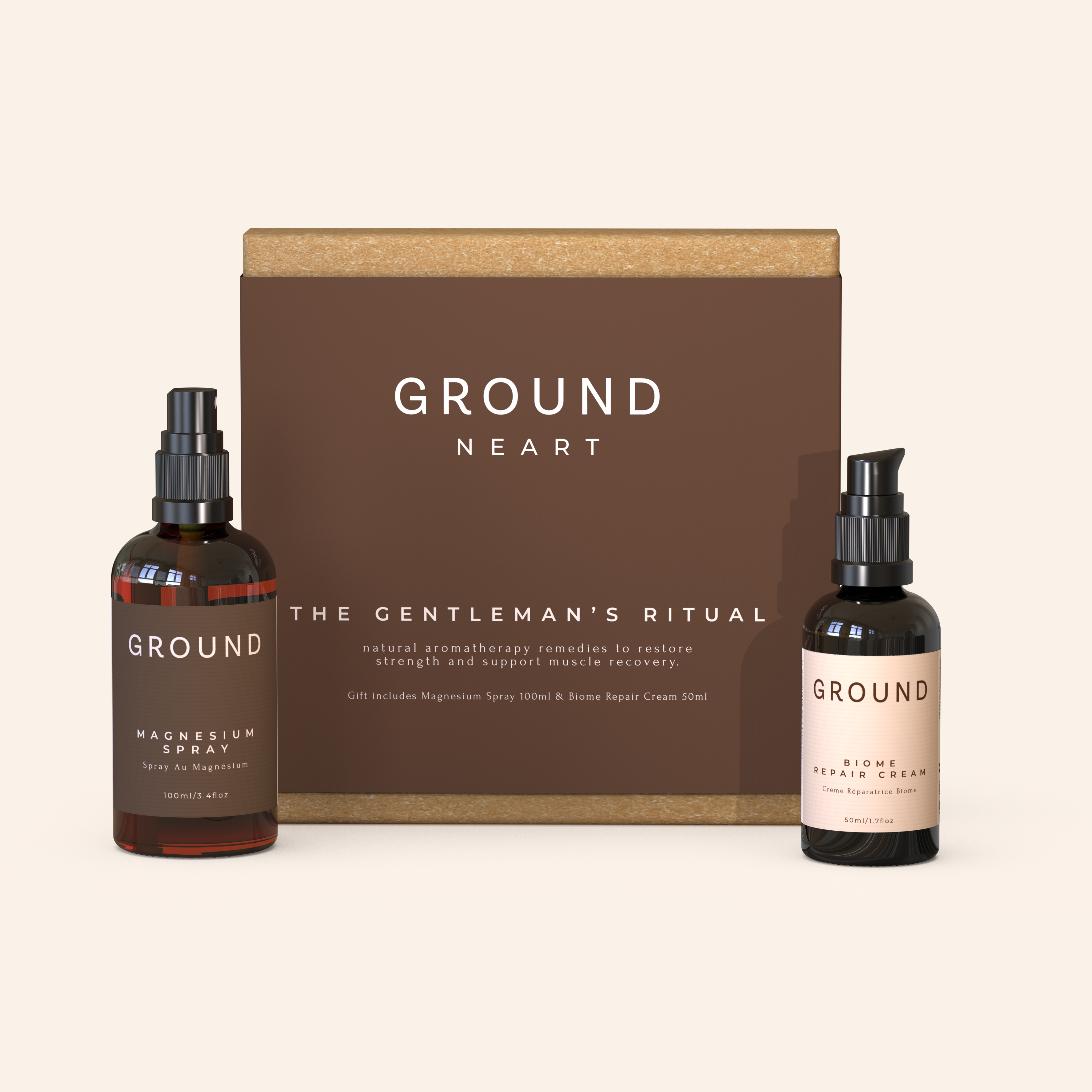 Two bottles of 'Ground' products with a cardboard gift box labelled 'Ground Neart' on a beige background. The two products are magnesium spray 100ml bottle and Biome Repair Cream. The product sleeve also says The Gentleman's Ritual - natural aromatherapy remedies to restore strength and support muscle recovery. 