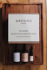 The Journey Gift box by Ground Wellbeing. Nourish Super Seed Face & Body Oil to nourish and protect the skin, Sleep Pillow Spray to encourage a deep and restful sleep, and Comfort Diffuser Blend to provide a comforting and calming atmosphere.