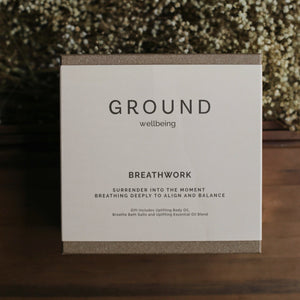GROUND Wellbing Breathwork Gift Box - with Uplifting Body Oil, Breathe Bath Salts, and Uplifting Essential Oil Blend