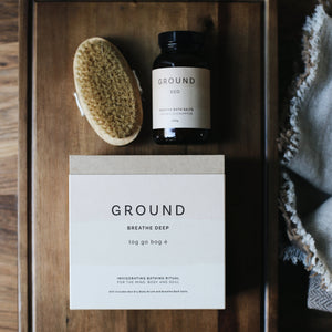 GROUND Wellbeing Beo Breath Bath Salts with Organic Eucalyptus and dry body brush