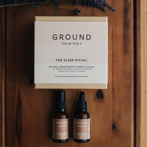 Ground Wellbeing the sleep ritual gift set includes Codladh Body Oil and Pillow Spray, both designed to nourish and soothe the body and mind