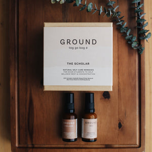 Ground Wellbeing The Scholar gist set includes Codladh Sleep Pillow Spray to promote a peaceful night's sleep and our Beo Focus Room & Clothing Spray to encourage concentration and clarity. 