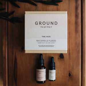 Ground Wellbeing The hug best selling gift set features our Uplifting Body Oil & Comfort Essential Oil Blend